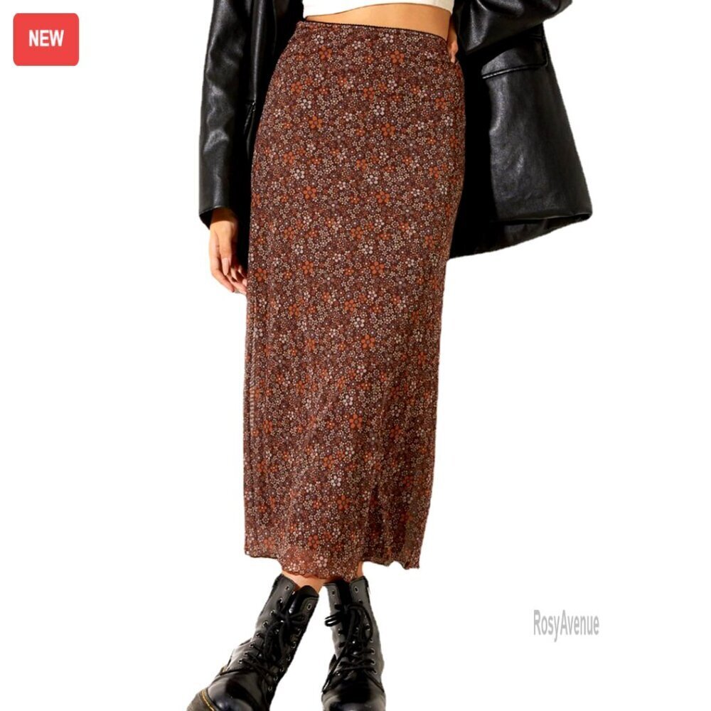 Floral Mesh Midi Skirt Elastic High Waisted Flowy Summer Long Skirt